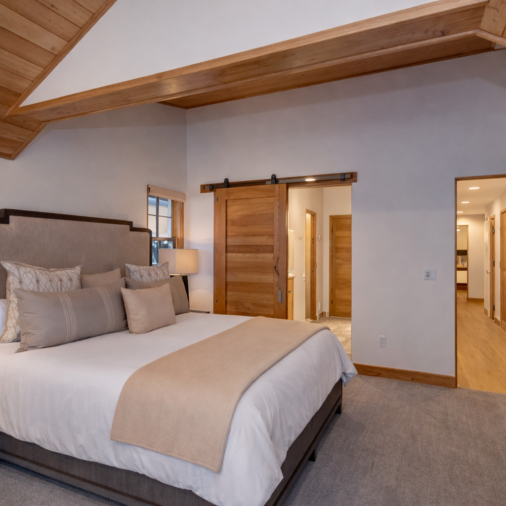 Retire to the quiet second floor primary king bedroom featuring a comfortable upholstered king bed, vaulted wood ceiling, and a modern barn door opening to the ensuite bathroom.