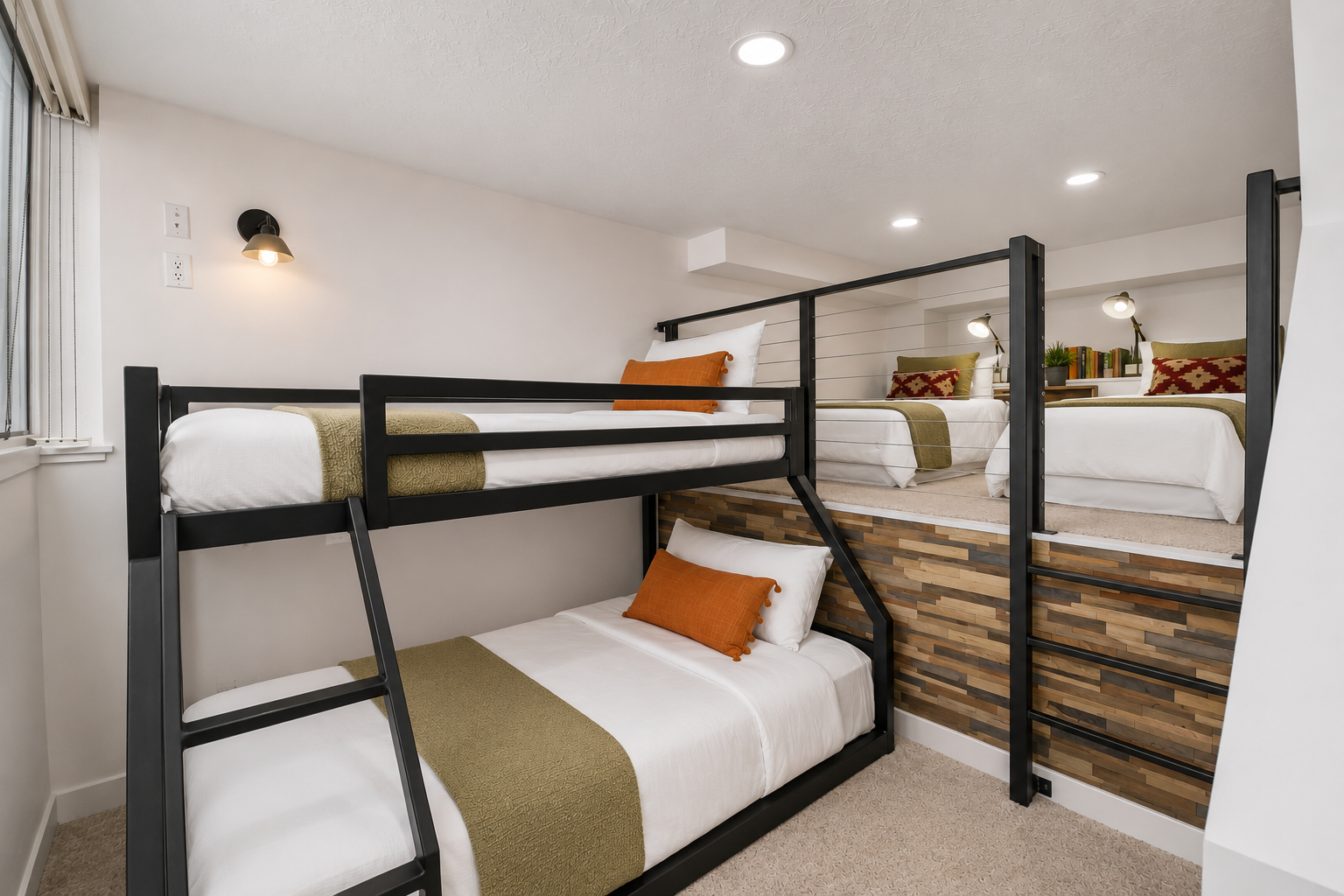 Your group will love this thoughtfully designed bunk room, where modern metal frames meet warm wood accents and plush bedding. Each bunk offers personal lighting and privacy, creating cozy sleep spaces for everyone.