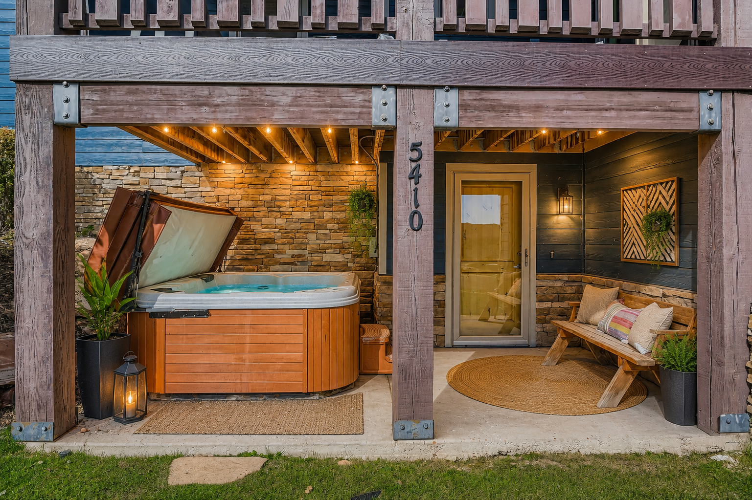 Unwind in your private hot tub beneath ambient lighting, then step inside to a cozy, thoughtfully designed space where relaxation awaits at every turn.