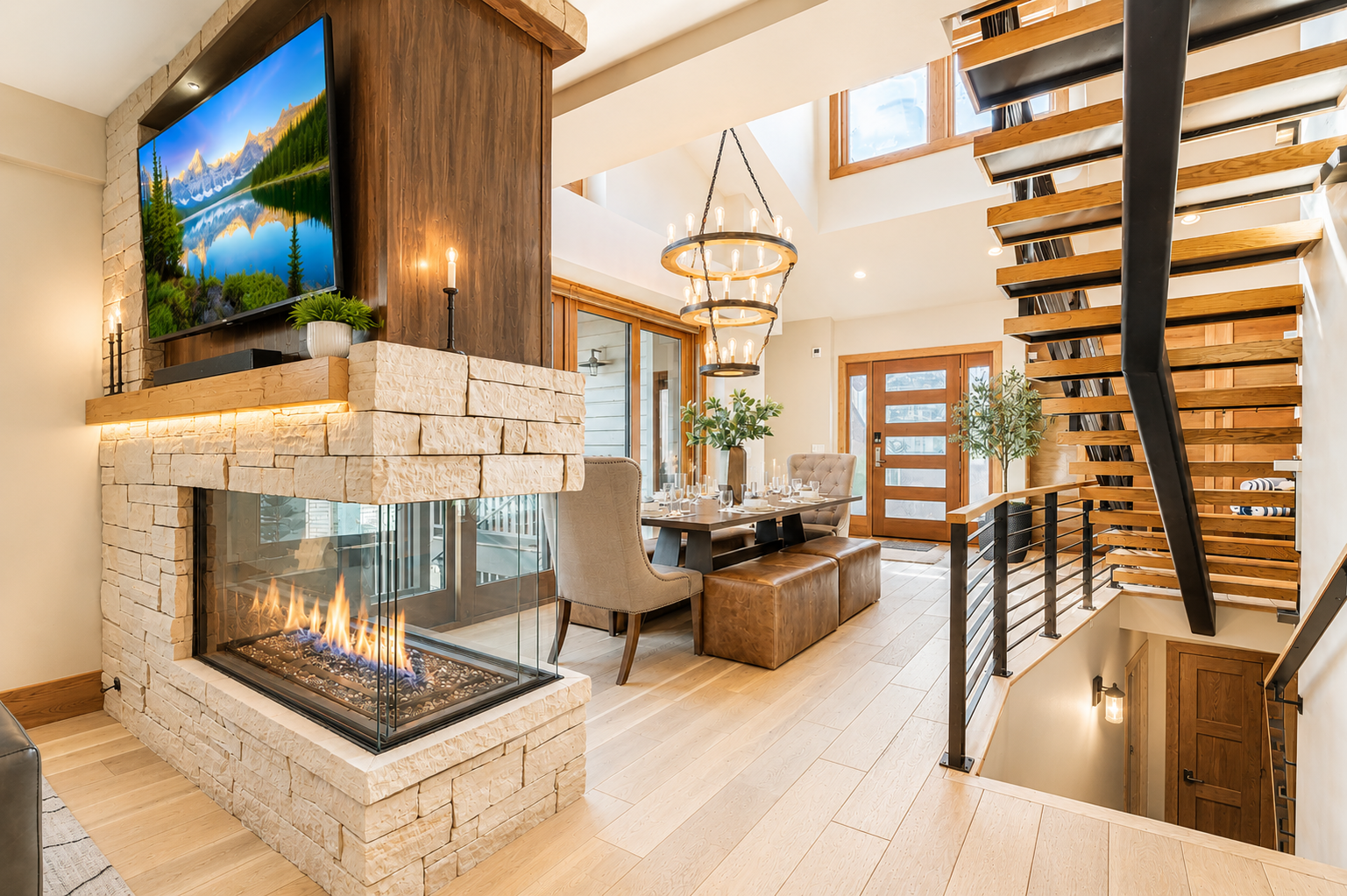 Your mountain retreat welcomes you with warm wood tones, a stunning stone fireplace, soaring ceilings, and an open layout perfect for gathering and unwinding in style.