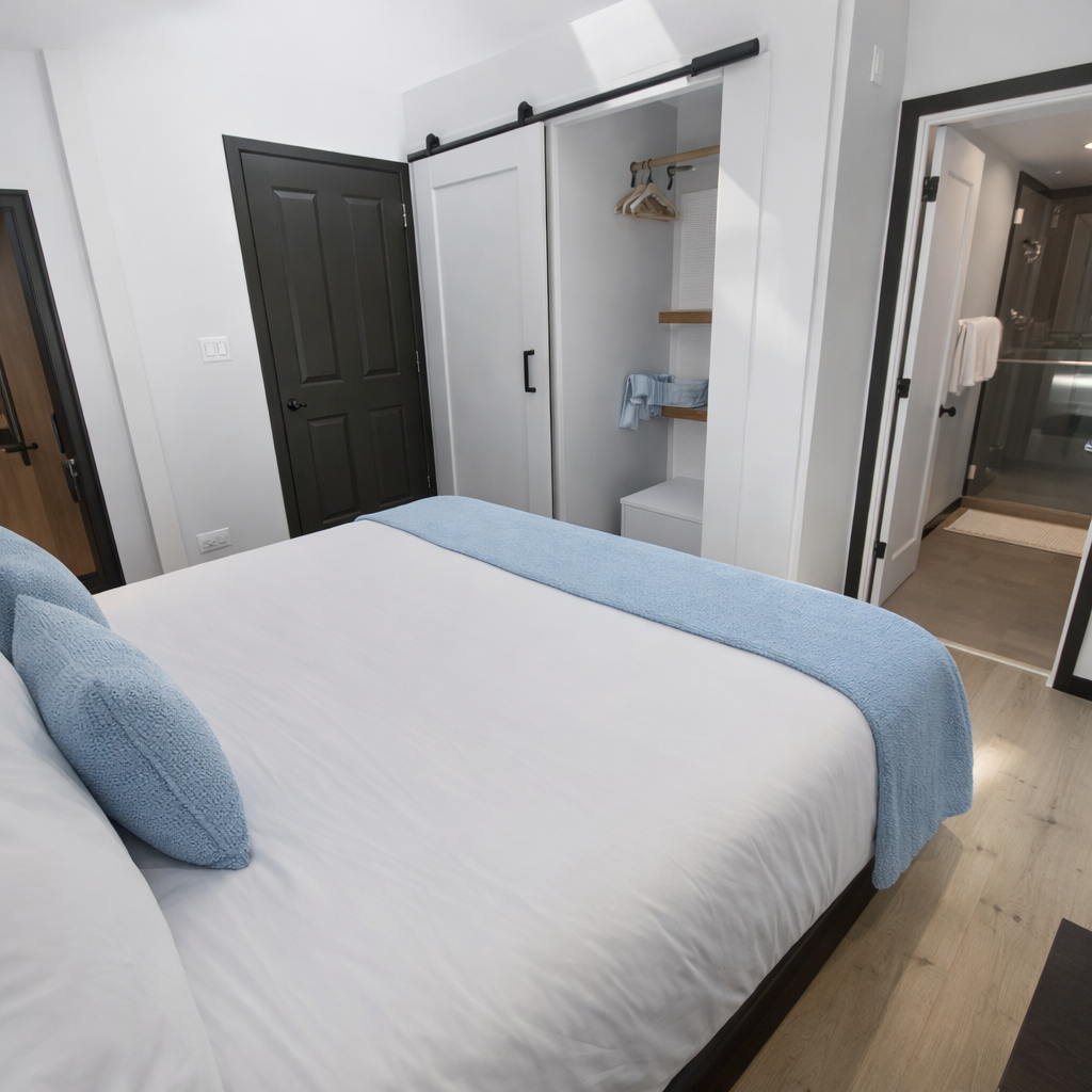 Sink into crisp white linens with soft blue accents in your serene bedroom, complete with organized closet space and modern barn door details.