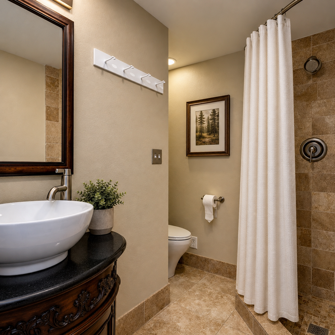Modern & clean full bathroom featuring a sleek tub/shower combo with a curtain, stylish stone tiles, and a unique dark vanity.