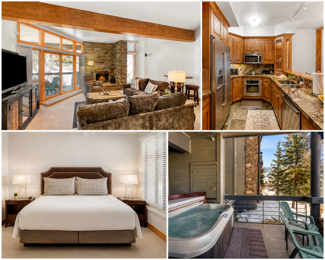 Relax in your mountain retreat with a cozy fireplace, fully-equipped gourmet kitchen, comfortable bedrooms, and private hot tub overlooking towering pines—your perfect alpine escape awaits.