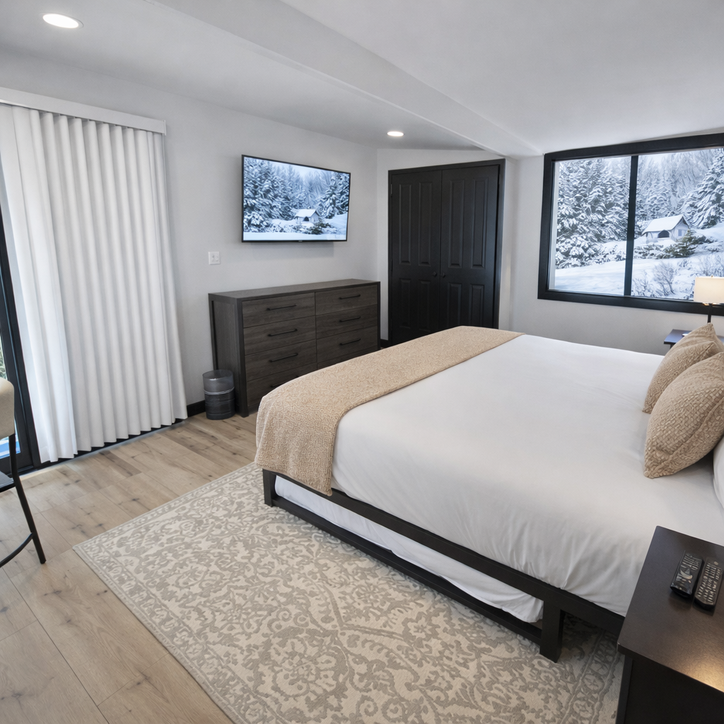 Drift off to sleep surrounded by pristine winter views in your modern bedroom with cozy linens and mountain scenery outside.