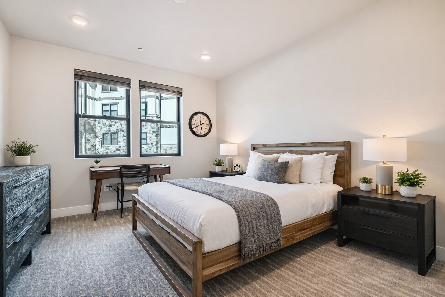 Sink into crisp linens and soft pillows in your serene bedroom sanctuary, where warm lighting and modern comfort create the perfect retreat.