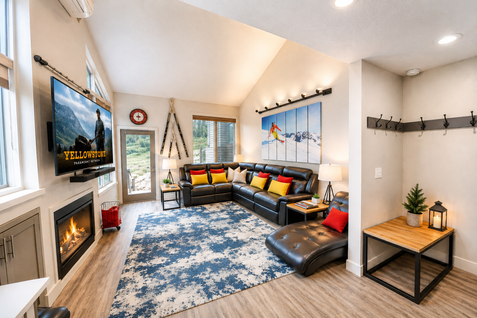 Gather around the cozy fireplace and plush sectional, where mountain adventures on screen meet vibrant pops of color. Vaulted ceilings and natural light create your perfect retreat after exploring Yellowstone.