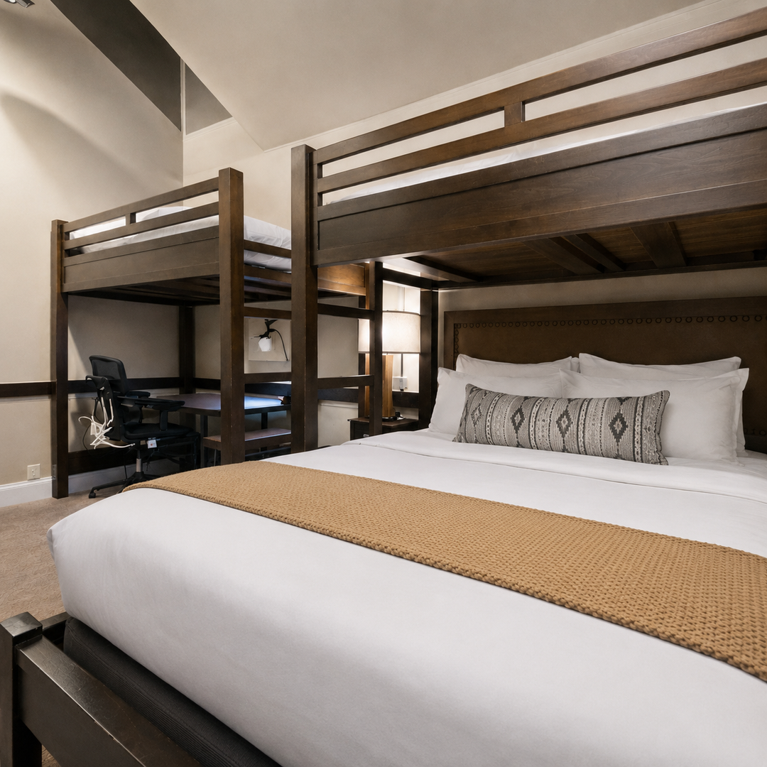 Sink into plush bedding as the bunk beds overhead promise extra space for your group. This smartly designed room blends comfort with functionality, perfect for families or friends traveling together.