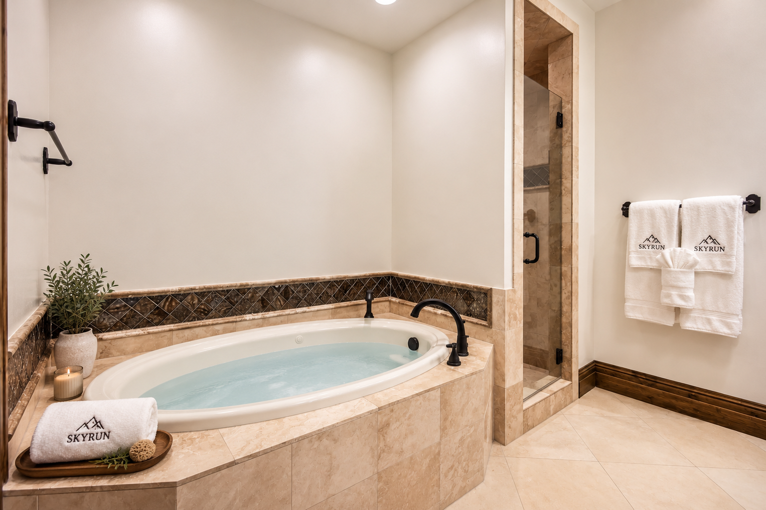 Melt away stress in your private soaking tub, with soft towels, elegant finishes, and a separate walk-in shower to complete your spa-like retreat.