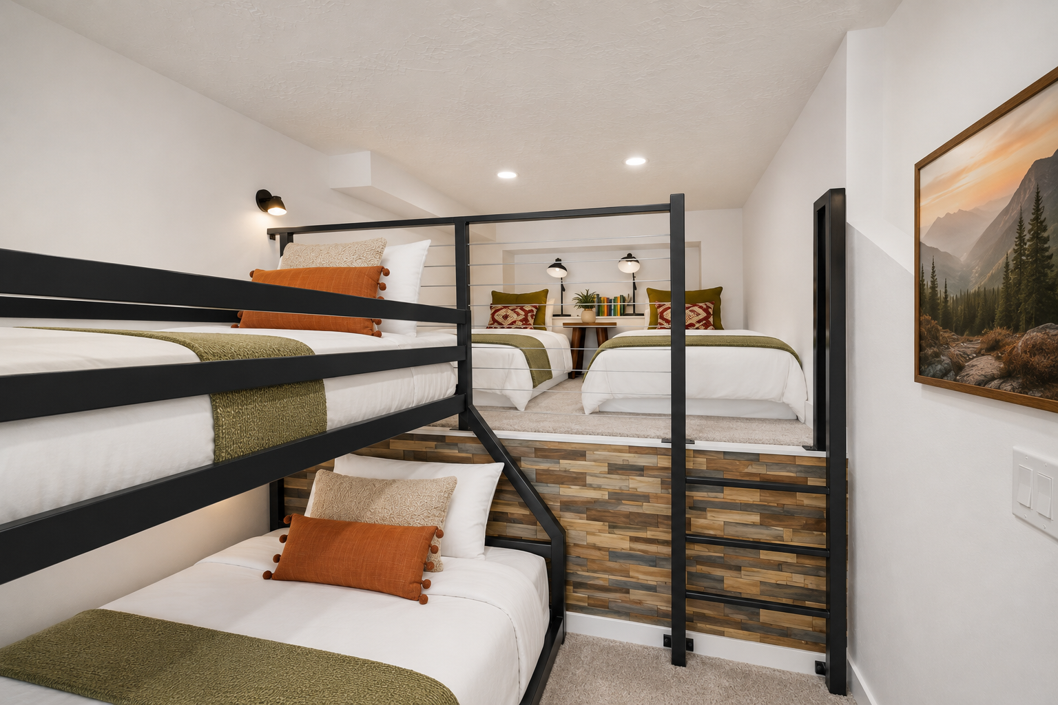 Sleep soundly in this thoughtfully designed bedroom featuring modern bunk beds with crisp linens and warm accent pillows. The space blends style and function perfectly for your mountain getaway.