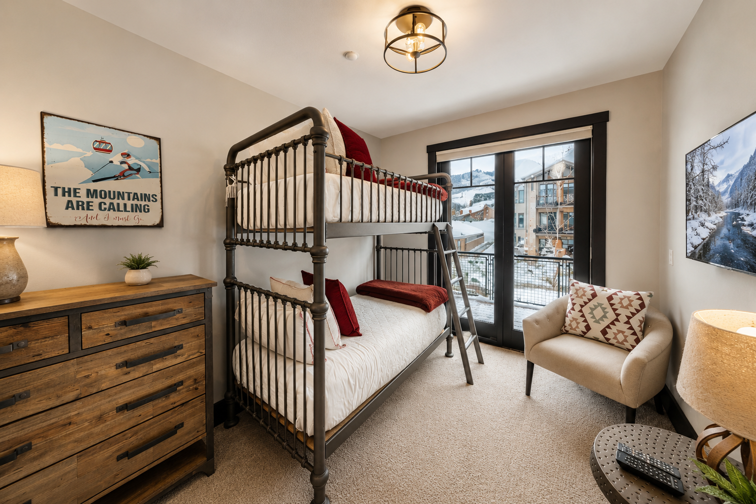 Maximize your stay in this bright, modern guest room. Offering a sturdy twin-over-twin metal bunk, ample storage, and prime local views, it’s a cozy and organized retreat.