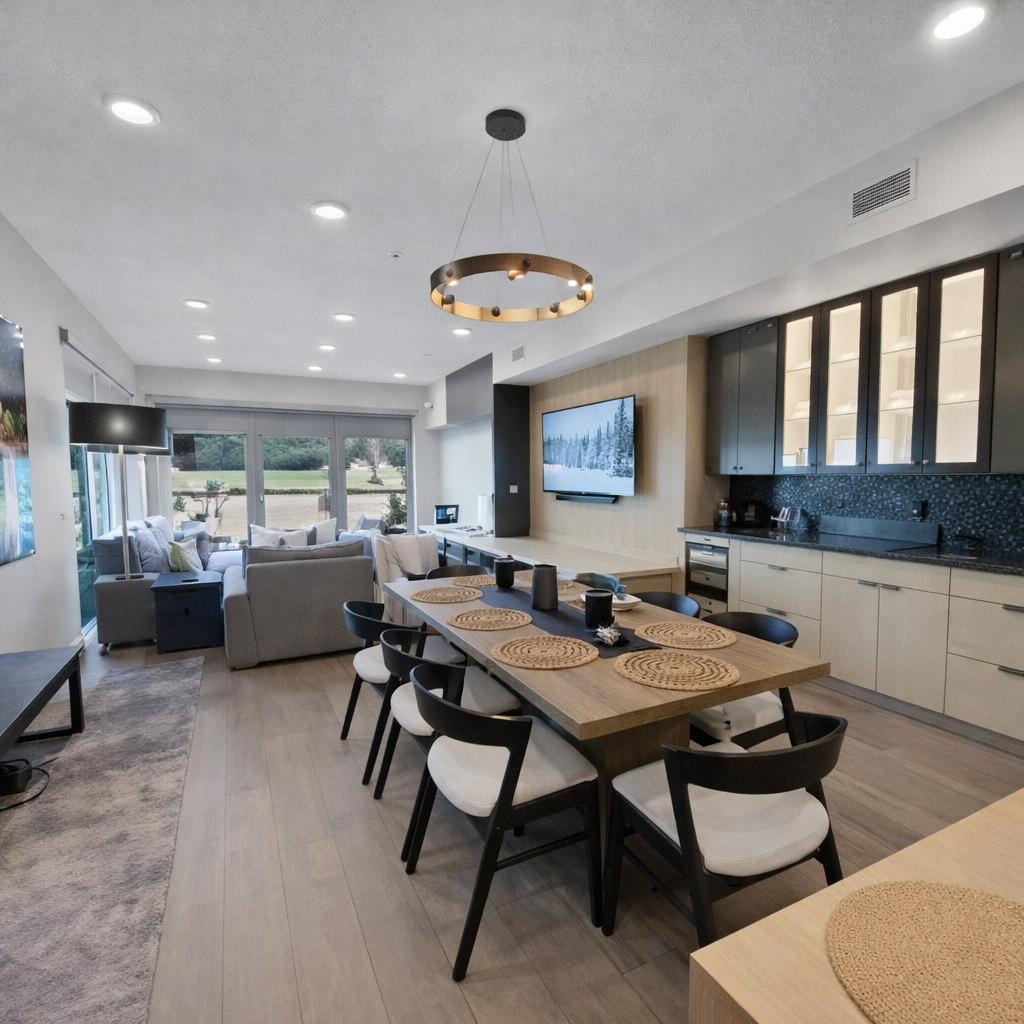 Gather in our open-concept living space, featuring a modern kitchen island with bar seating, a large dining table, and two-tone cabinets.