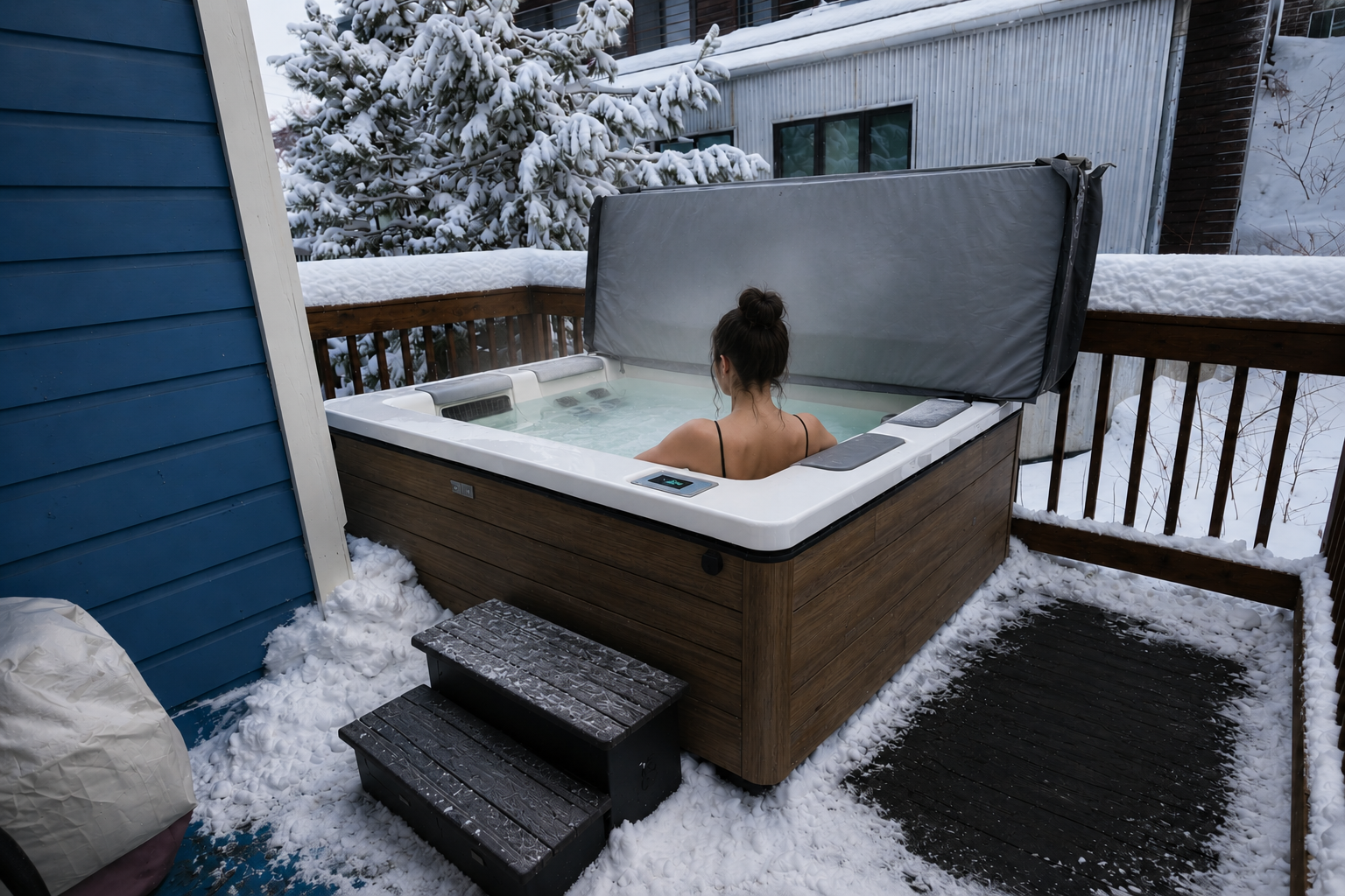Soak in your private hot tub as snow blankets the deck and frosted trees frame the tranquil winter scene all around you.