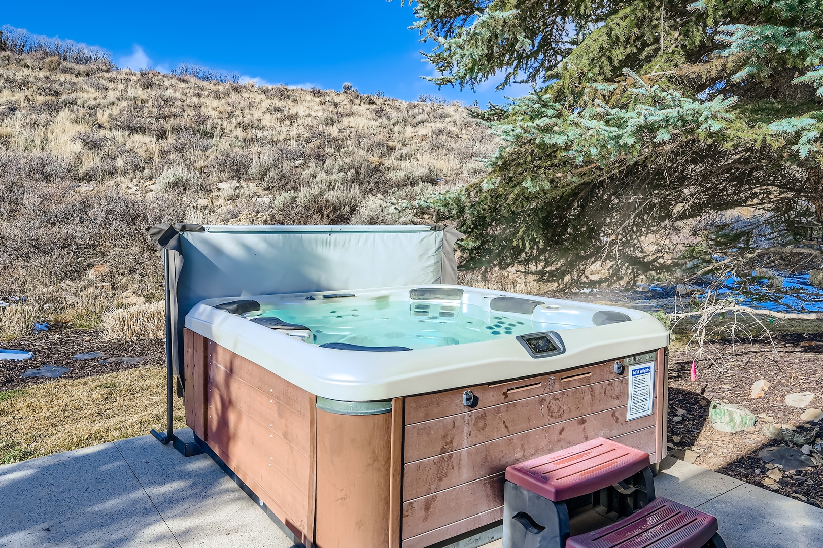 A luxurious private hot tub awaits on the patio, surrounded by breathtaking mountain scenery and framed by tall evergreens for ultimate relaxation.