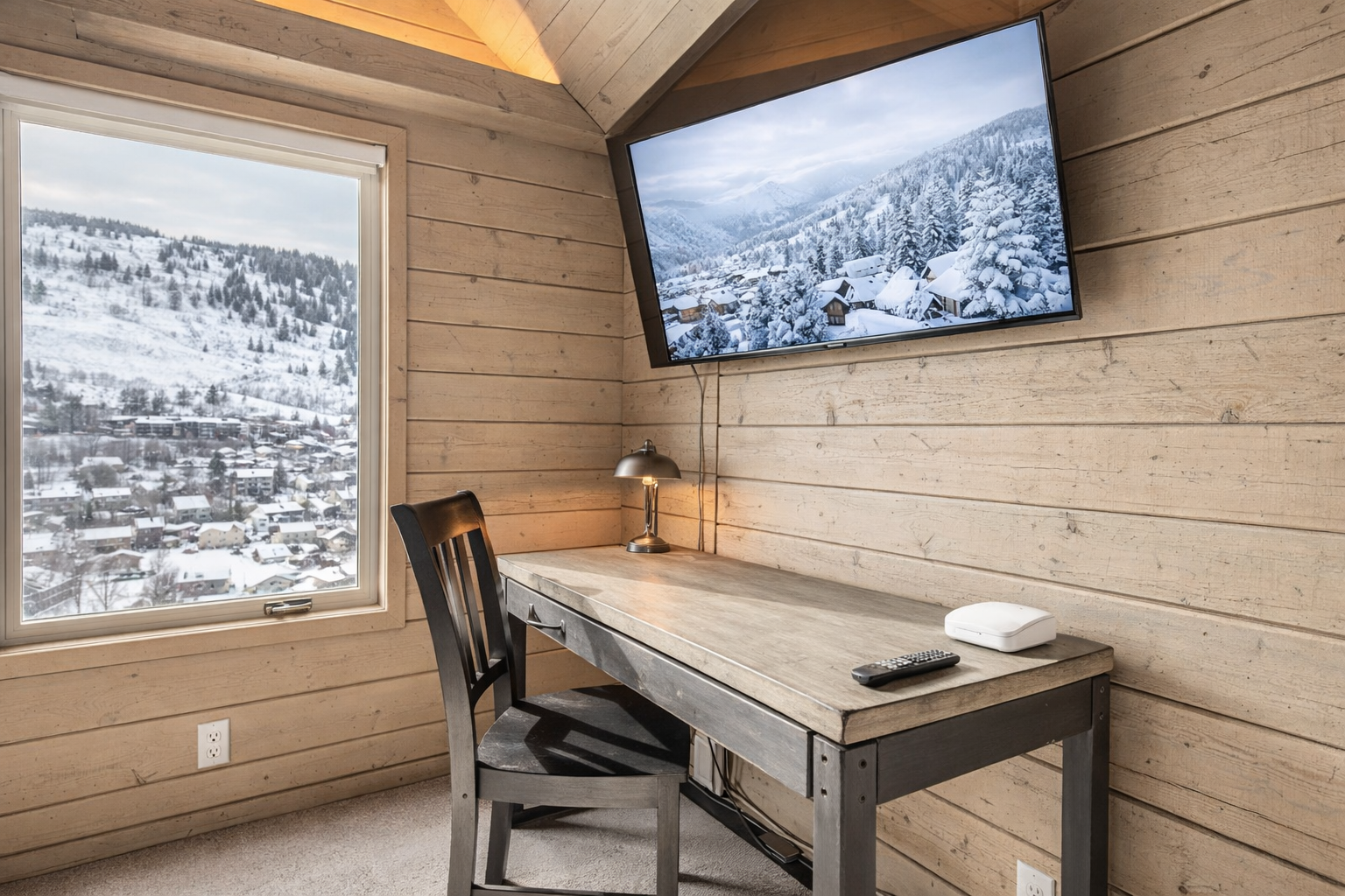 Cozy up in your private workspace with snowy mountain views through the window and entertainment on the wall-mounted TV.