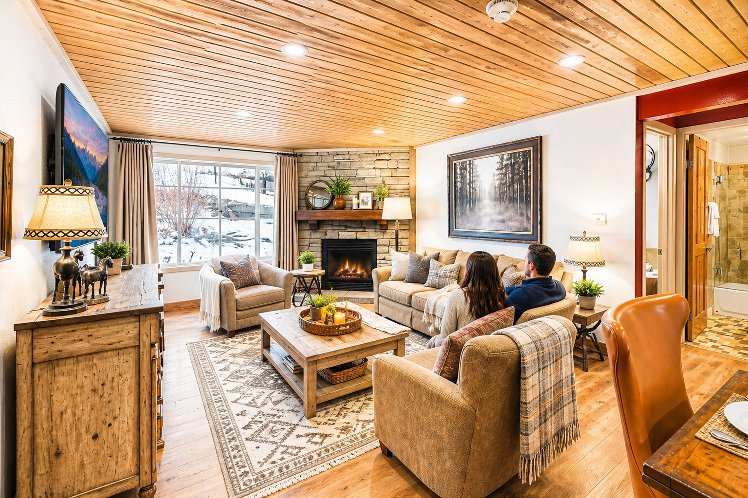 Warm up by the fireplace and settle into plush seating surrounded by warm wood accents. The living room invites you to relax, unwind, and enjoy cozy mountain moments with loved ones.