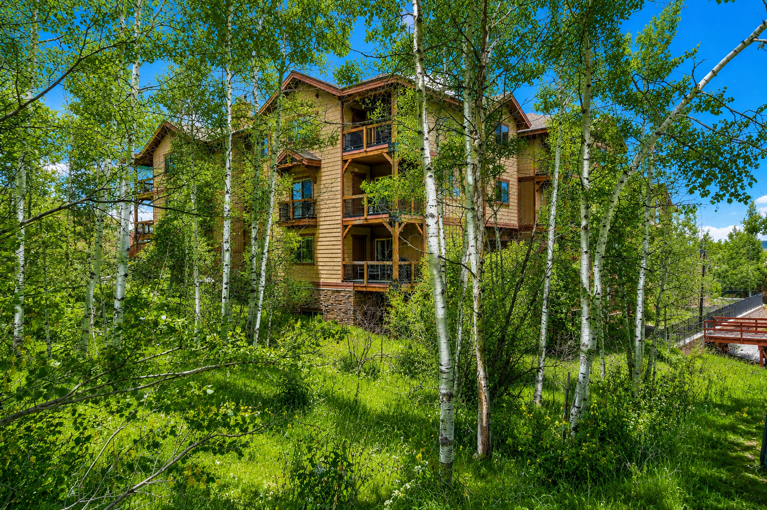 A three-story wood-sided rental property framed by aspen trees and lush green grasses, offering mountain-area lodging in a natural setting.