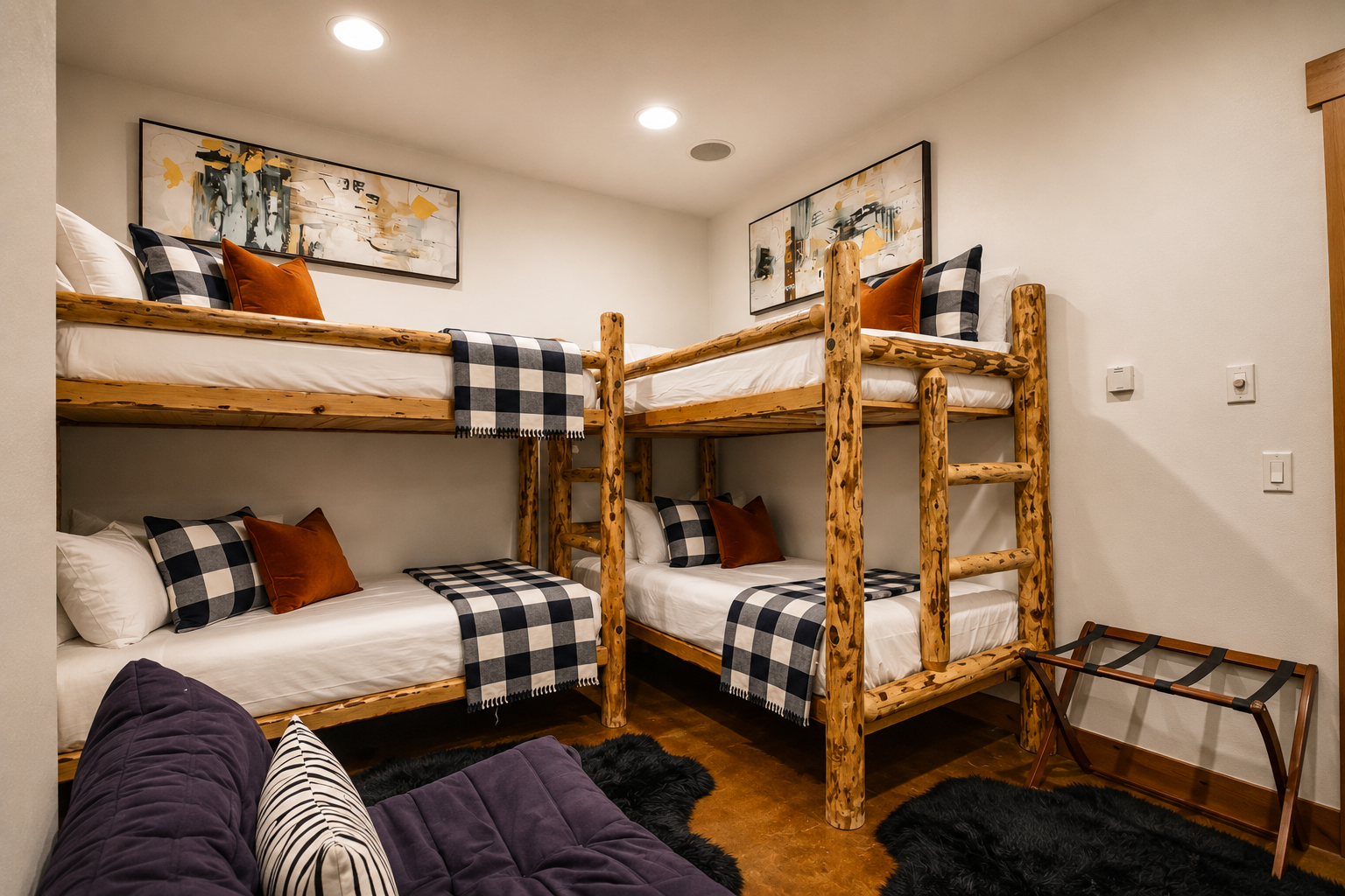 Four cozy bunks dressed in plush linens and plaid accents await your group, perfect for kids or friends sharing adventures together.