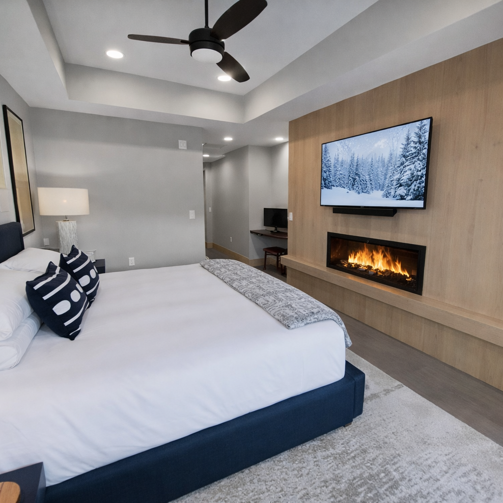 Unwind in your elegant bedroom with a cozy fireplace and modern TV, creating the perfect retreat after your adventures.