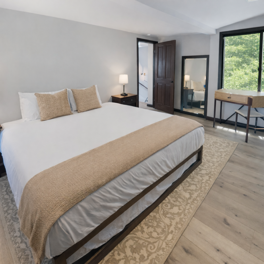 Sink into your plush bed with soft textured linens while natural light filters through your window overlooking peaceful greenery.