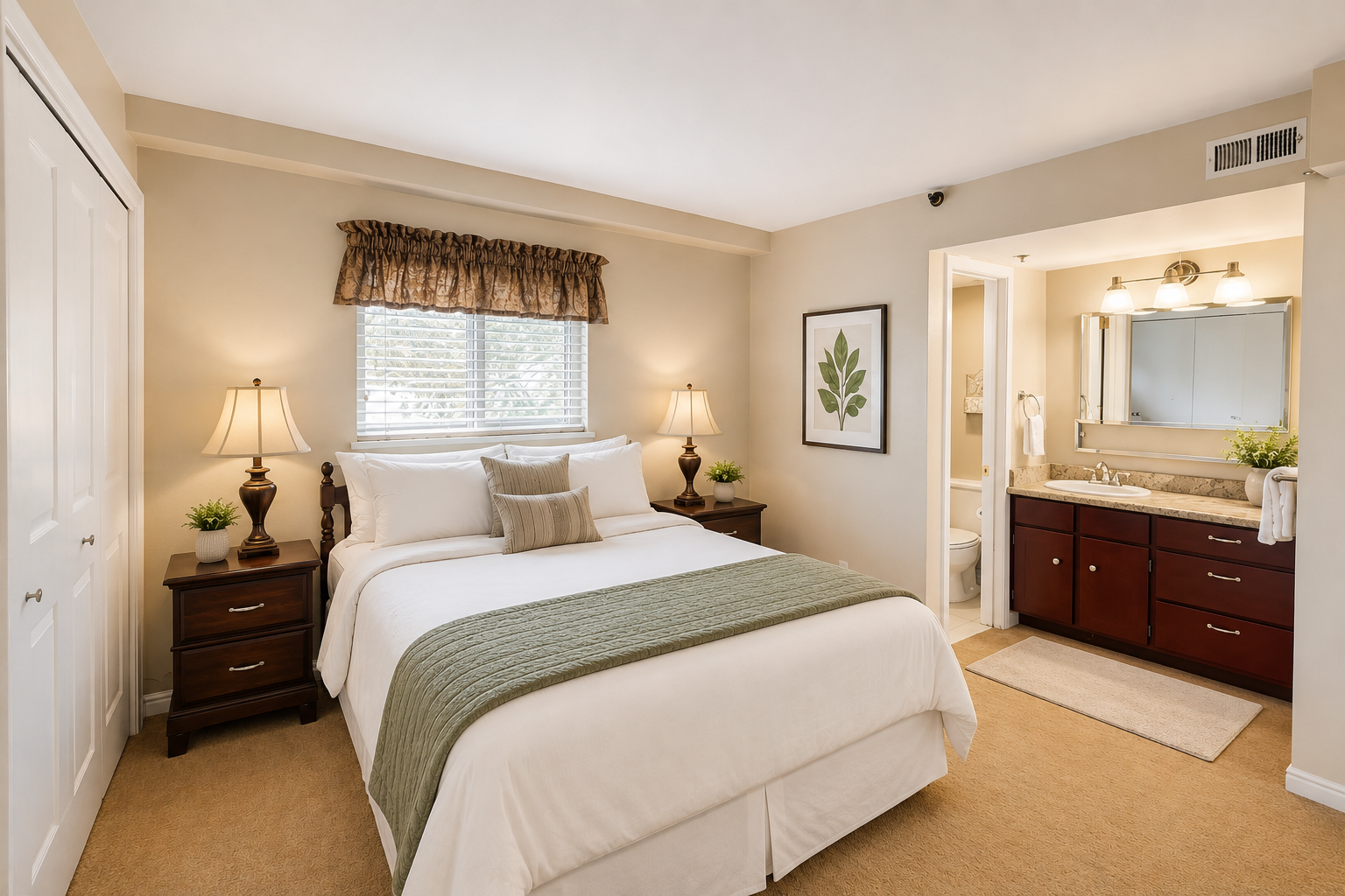 Sink into crisp, clean linens in your private retreat, where soft natural light and calming earth tones invite peaceful sleep. Your ensuite vanity awaits each morning.