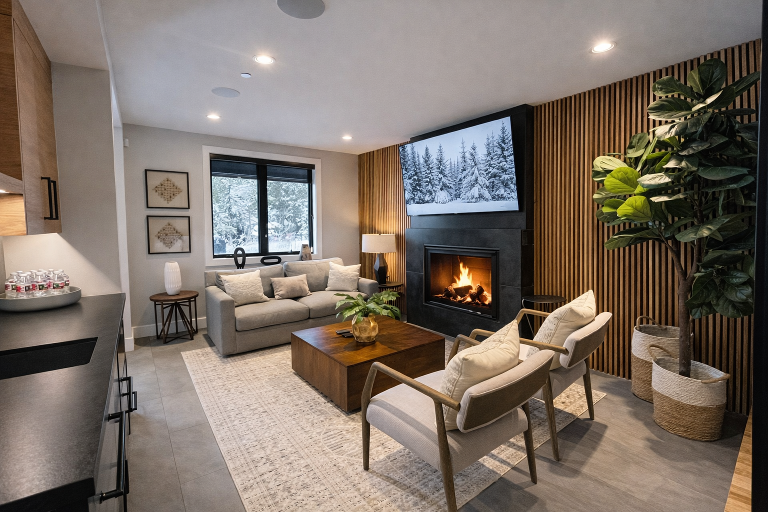 Cozy up in your stylish living room where warm fireplace flames dance beneath a wall-mounted TV, perfect for movie nights after mountain adventures.