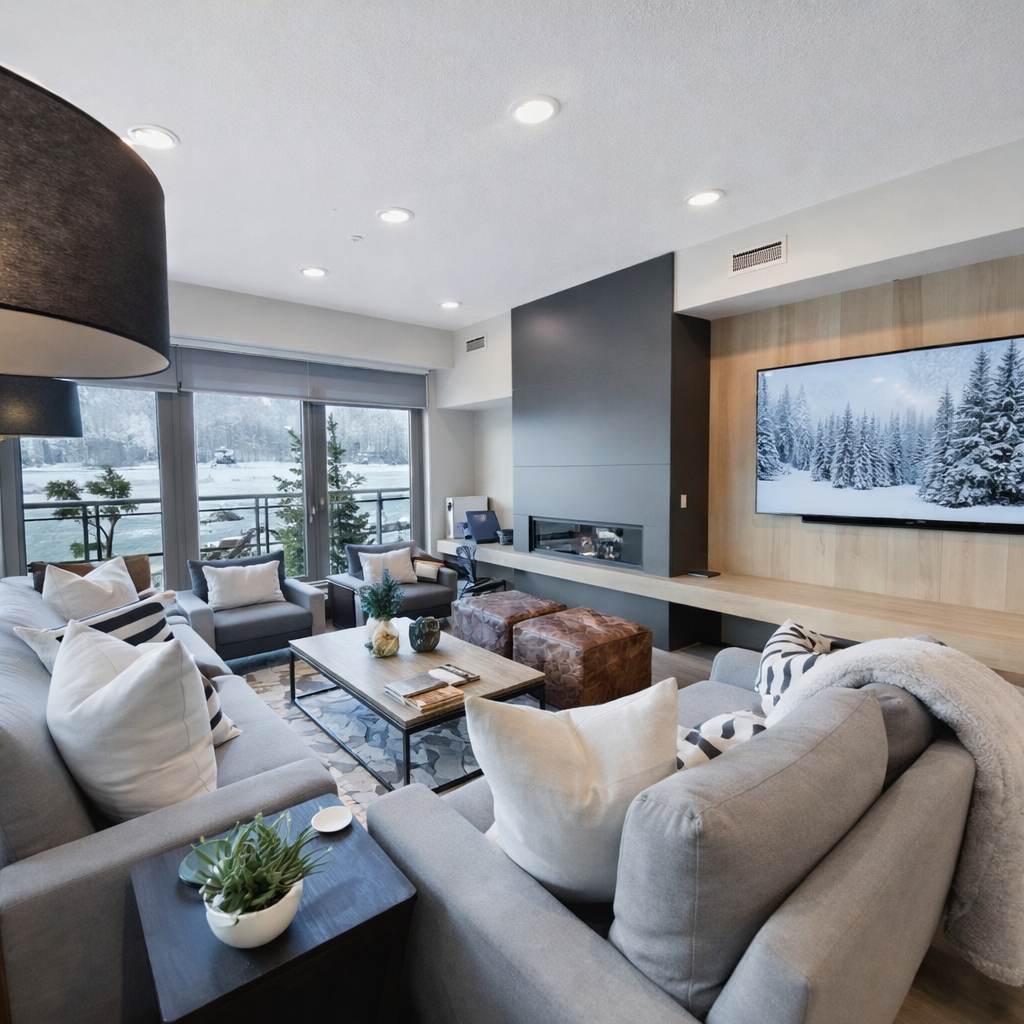 Sink into plush sofas beside your contemporary fireplace, where floor-to-ceiling windows frame stunning lake views and cozy evenings await.