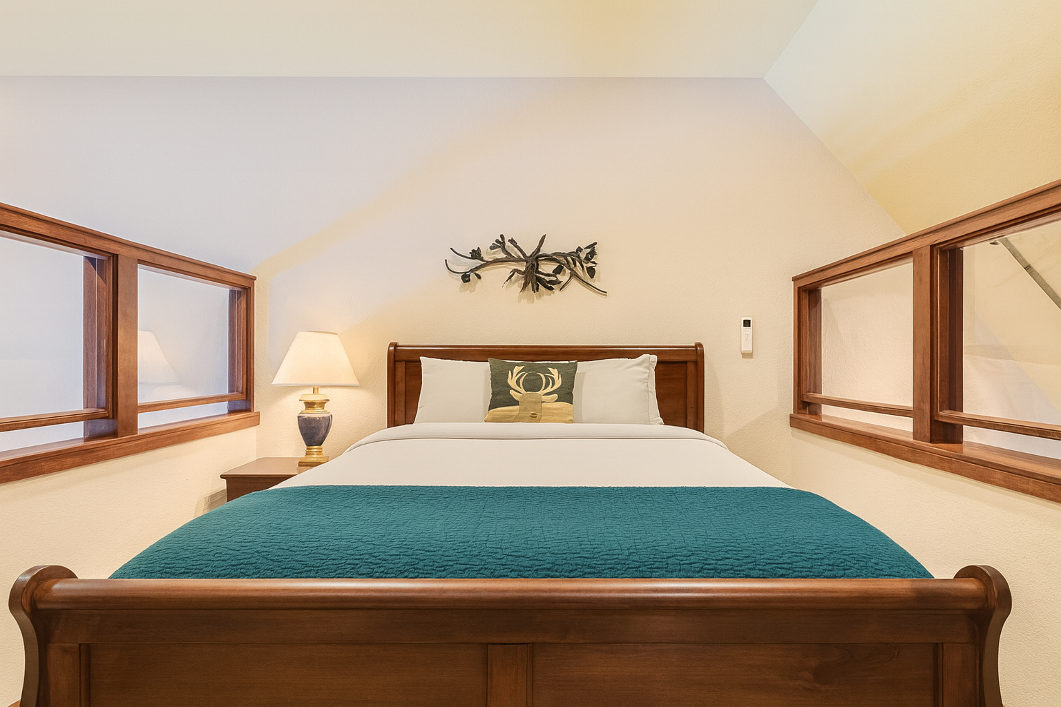 Cozy loft bedroom with a plush queen bed, warm lighting, and rustic wood details. A peaceful retreat overlooking the living area—perfect for unwinding after skiing or exploring Park City. Clean, bright, and designed for restful mountain comfort.