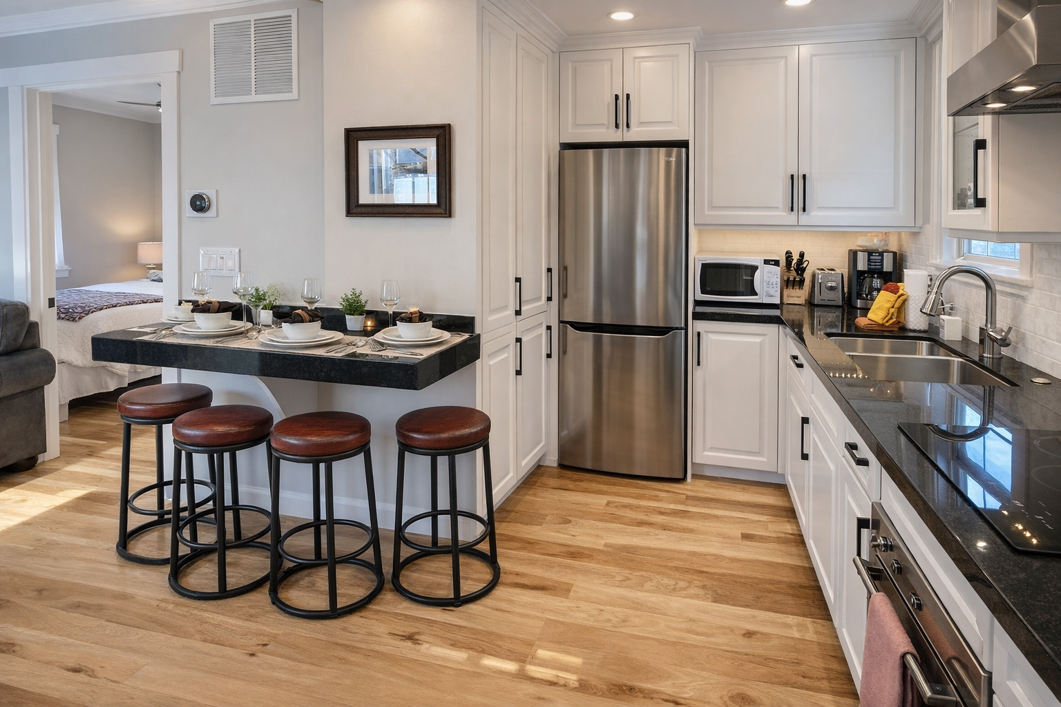 Whip up a meal in this fully-equipped kitchen, featuring stainless steel appliances, a large island with seating, and wood flooring.