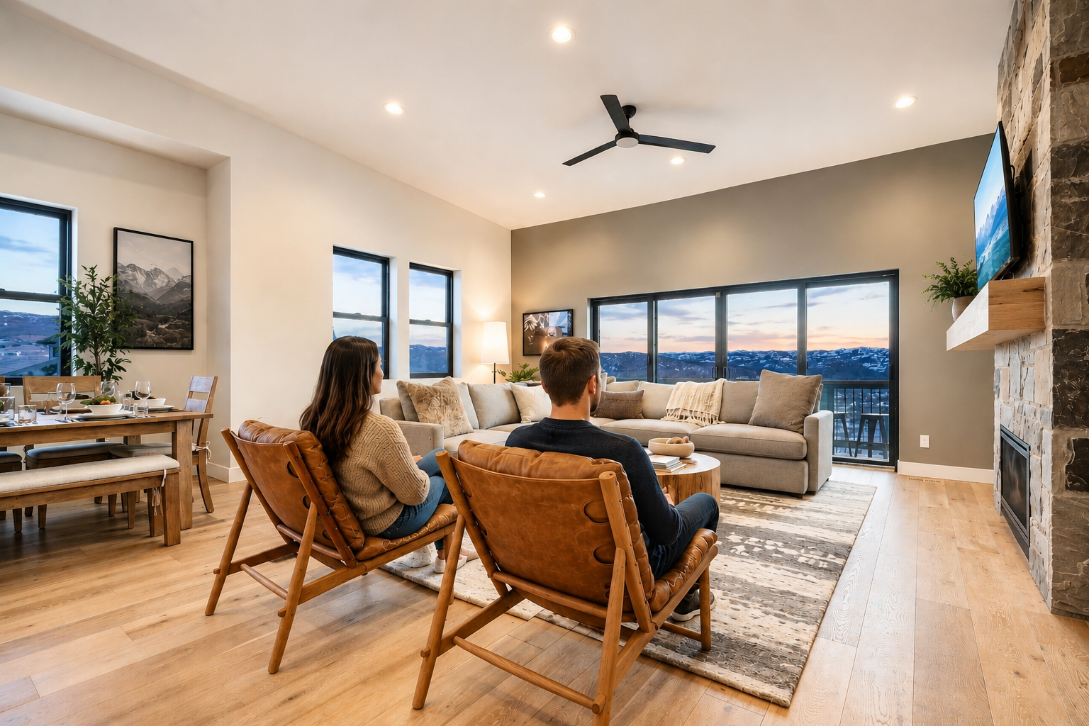 Relax in your stylish living space with panoramic mountain views through floor-to-ceiling windows, cozy seating, and elegant finishes that blend modern comfort with natural surroundings.
