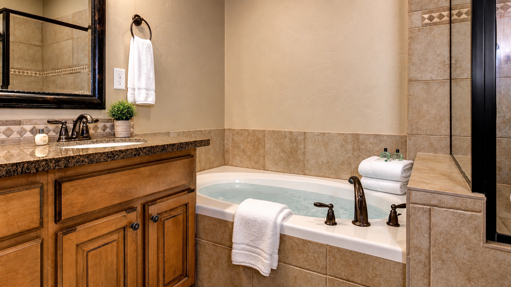 Sink into relaxation in your private soaking tub, where warm water and elegant finishes create the perfect retreat after a day of adventure.