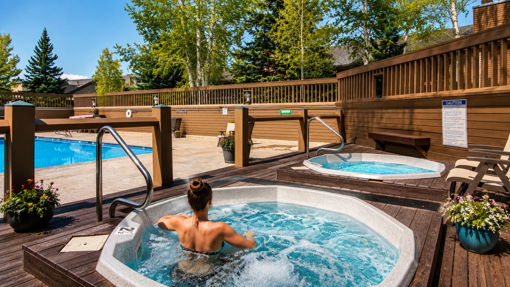 Sink into warm, bubbling waters surrounded by lush greenery and blue skies. Two hot tubs await your relaxation, with a sparkling pool just steps away for the perfect outdoor escape.