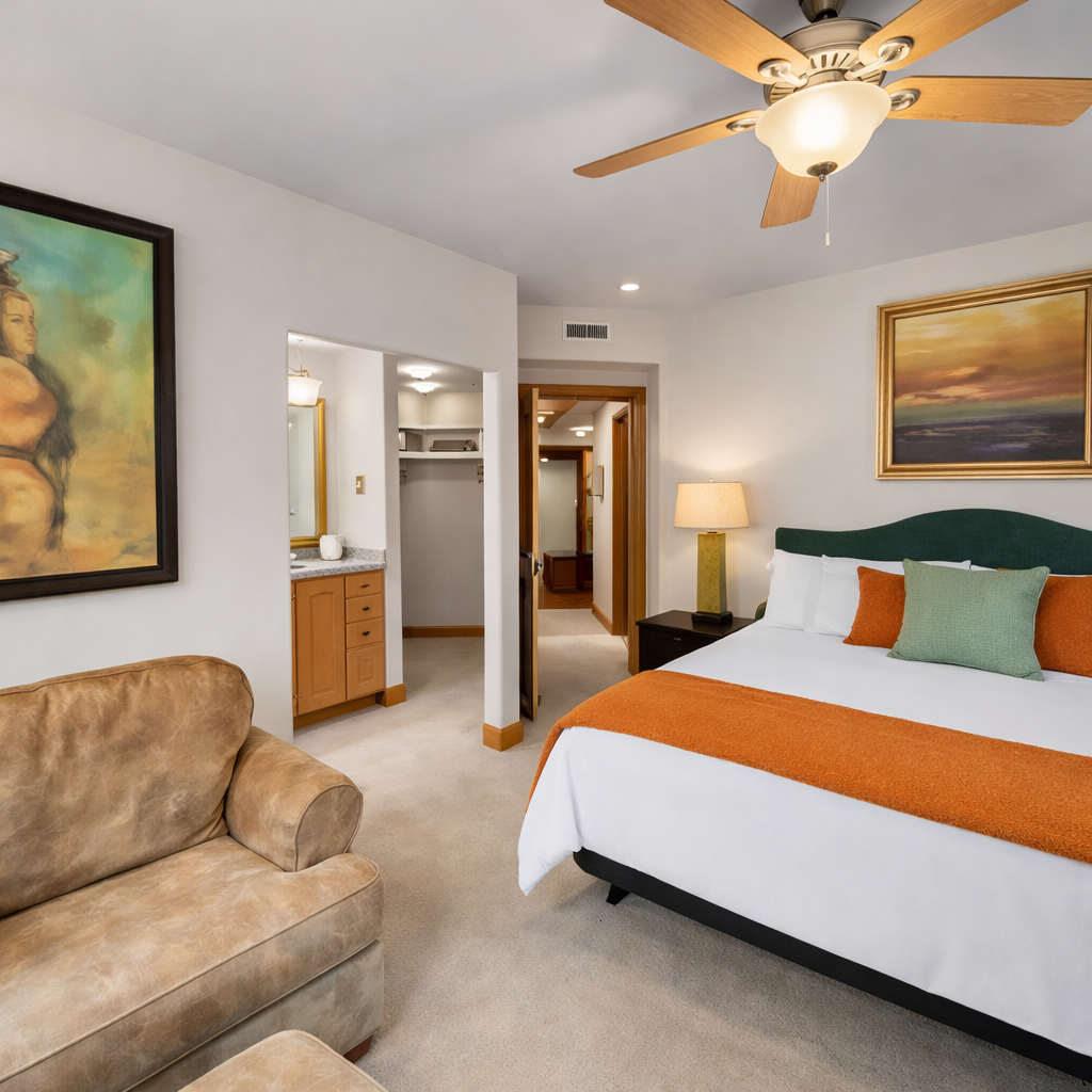 Inviting primary bedroom featuring a comfortable king-size bed, ceiling fan, and access to a private balcony. A peaceful mountain retreat awaits.