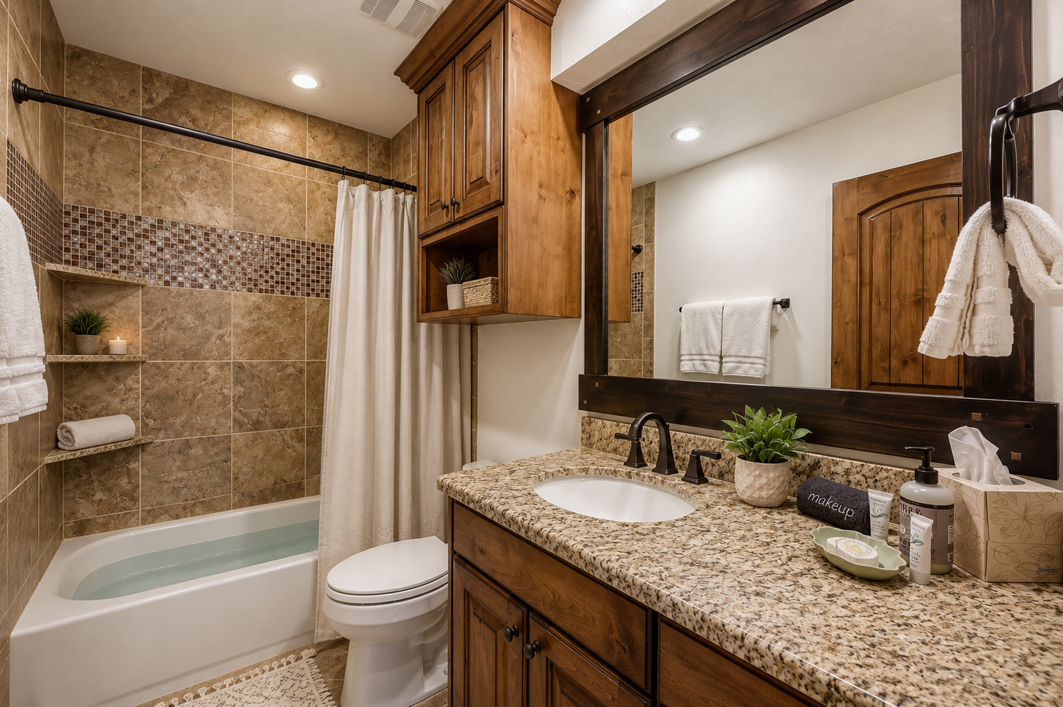 Your private bathroom features warm wood cabinetry, granite counters, and a tiled tub-shower combo with built-in shelves—a cozy retreat after exploring all day.