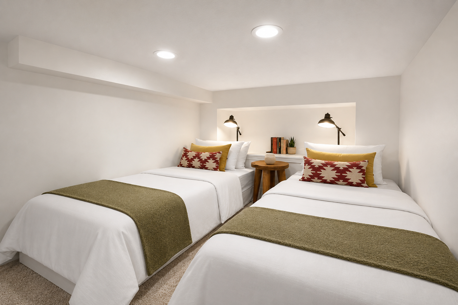 Drift off in your serene guest bedroom, where crisp linens and warm accent pillows welcome you to a restful night's sleep in this thoughtfully designed space.