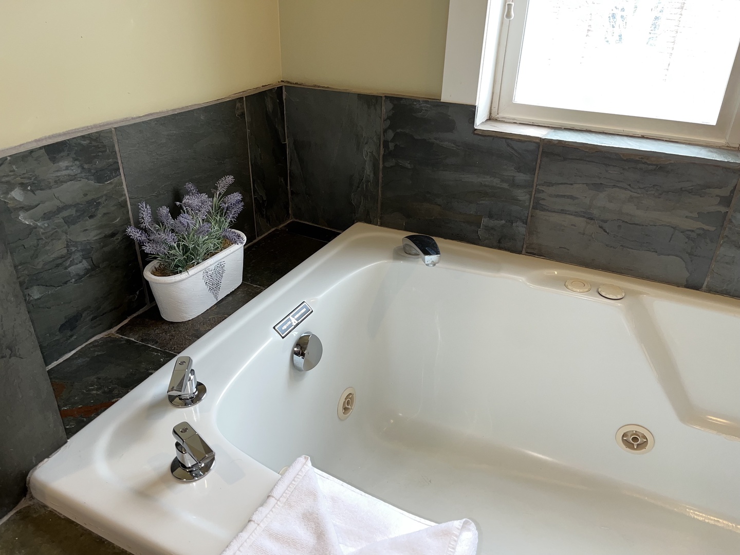 Indulge in the spa-like master bathroom, featuring a double vanity with dark granite countertops and a large jetted soaking tub. It's the perfect place to recharge after a day of adventure.