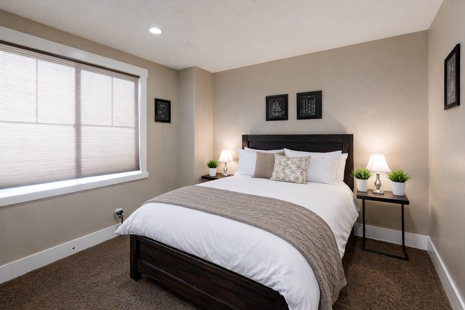 Sink into crisp white linens in your serene bedroom sanctuary, where natural light streams through blinds and thoughtful touches create perfect rest.