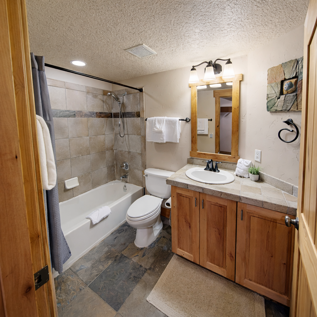 Spacious full bathroom featuring a large double vanity, ample storage in rustic wood cabinets, and a walk-in shower/tub combo with tiled walls. A clean and functional space for your stay.
