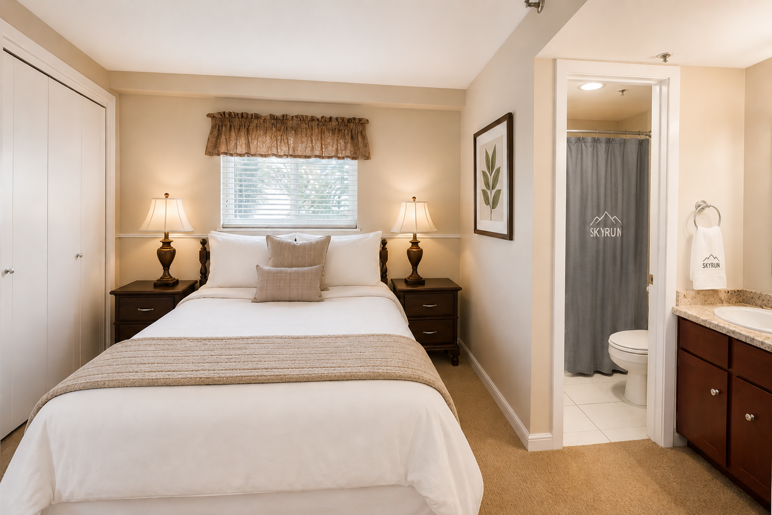 Sink into crisp white linens and wake to soft natural light in your private bedroom retreat. The ensuite bathroom offers convenience and comfort after your mountain adventures.