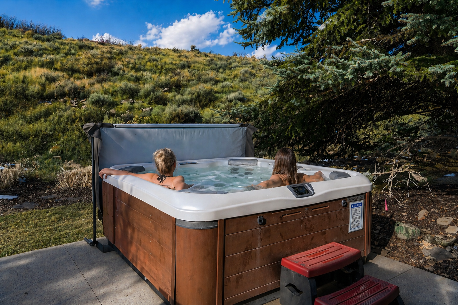 Outdoor hot tub nestled in a natural hillside setting, surrounded by evergreens and mountain grasses under a bright blue sky.