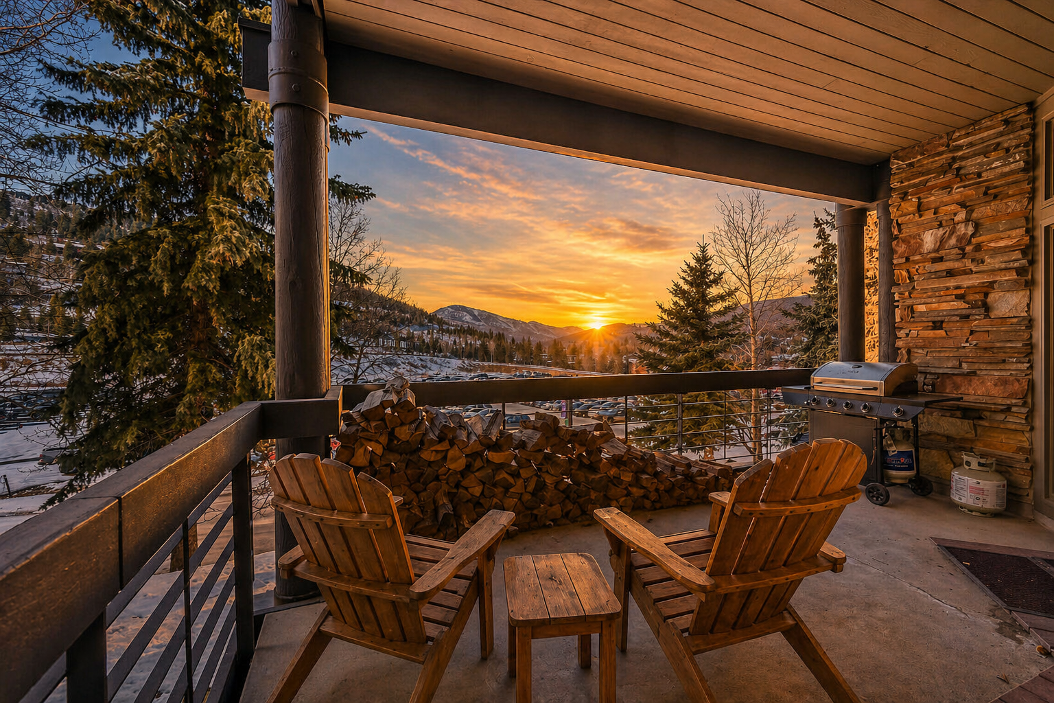 Stunning mountain sunset view from covered terrace with cozy seating, stacked firewood, and peaceful winter landscape framed by snow-covered peaks.