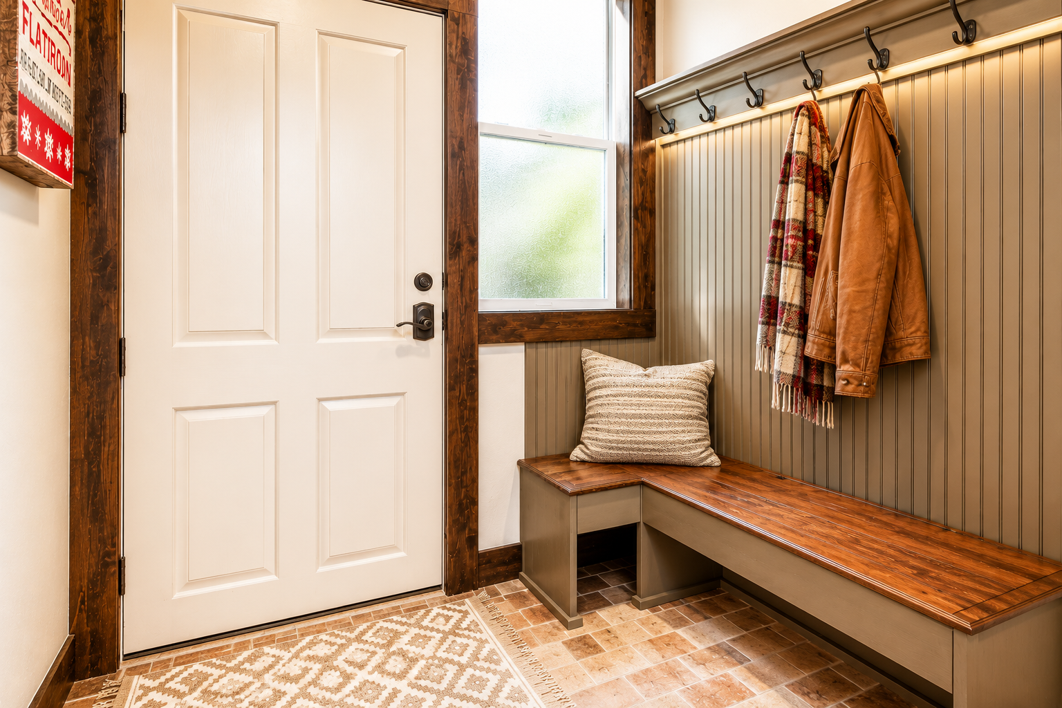 Your cozy entryway features a welcoming bench with a soft pillow, rustic wooden accents, convenient hooks for jackets and accessories, and warm natural light streaming through the window.