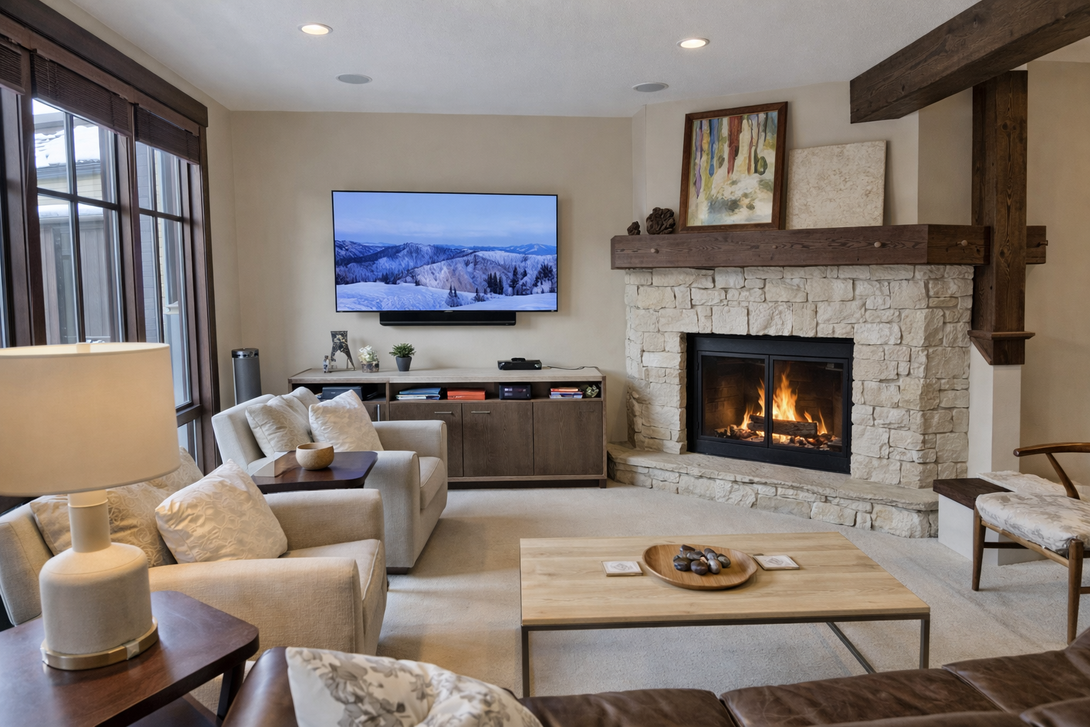 Cozy up by the fireplace in this stunning mountain home with a large TV and comfortable seating, perfect for a relaxing getaway.