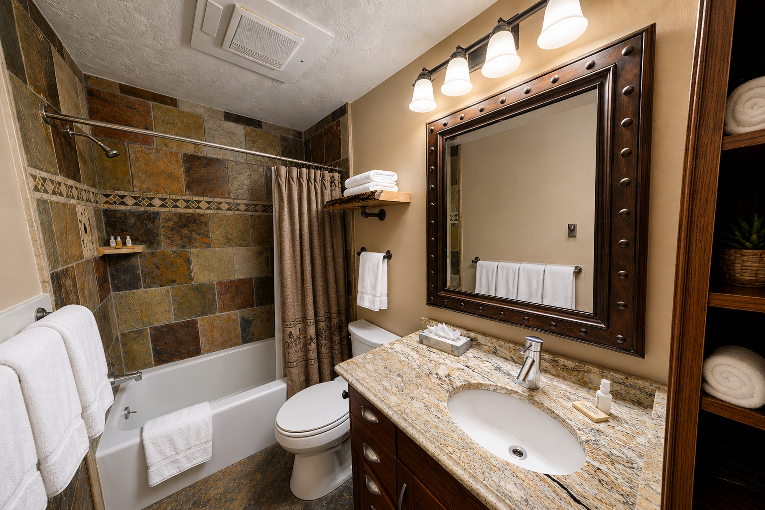 Enjoy the clean shower/tub combo with stylish stone tiles, a spacious vanity, and a large mirror. All set for your stay in Park City.