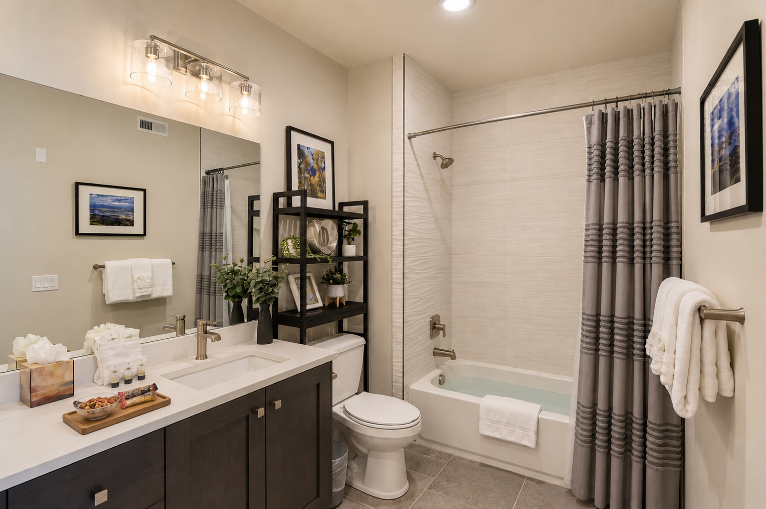 Unwind in your private, well-appointed bathroom featuring a soaking tub, stylish finishes, and plush towels that welcome you after a day of exploring.