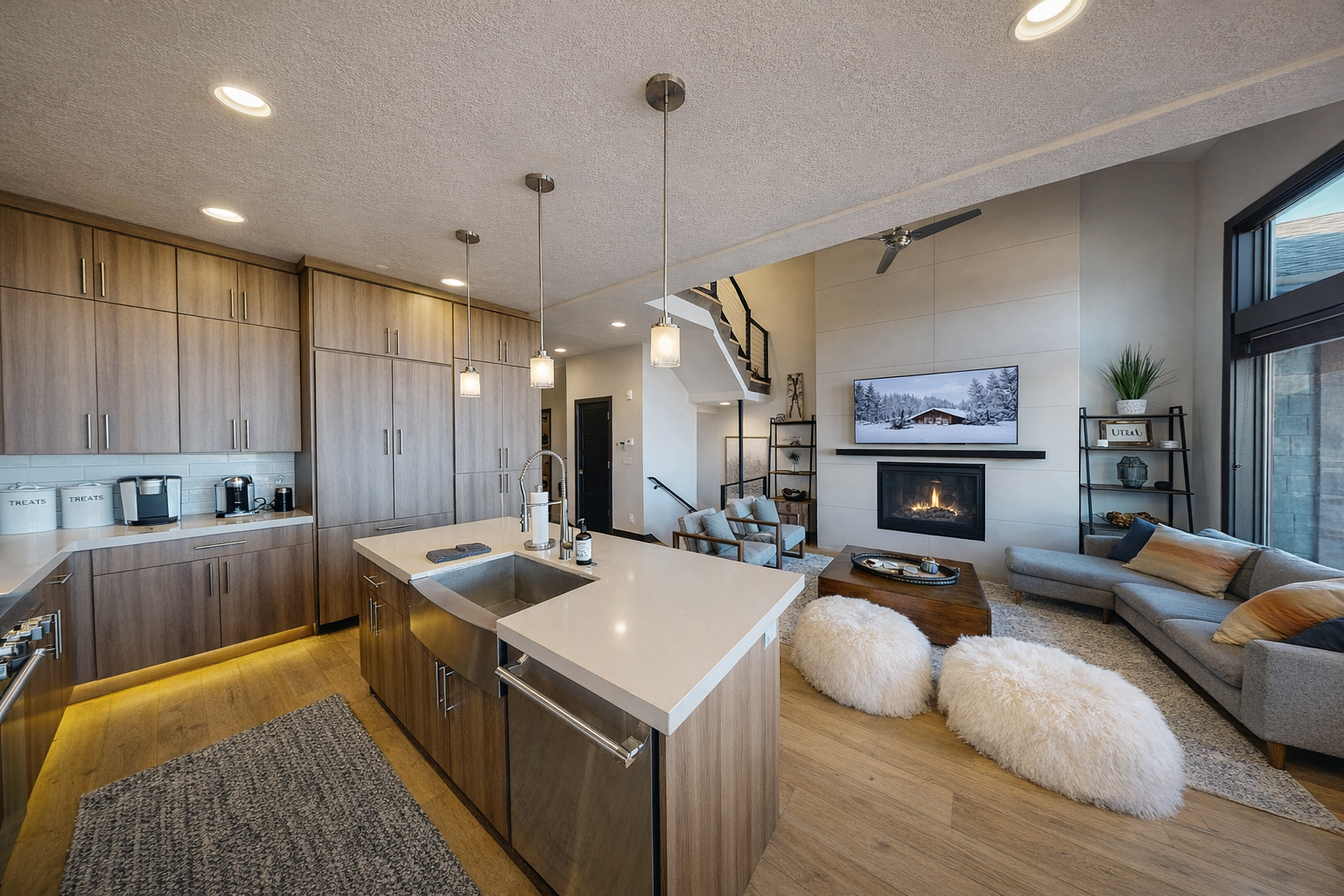 This sun-drenched open-concept space features a gourmet kitchen with a large island, a round wooden dining table for eight, and a cozy living area with a gas fireplace.