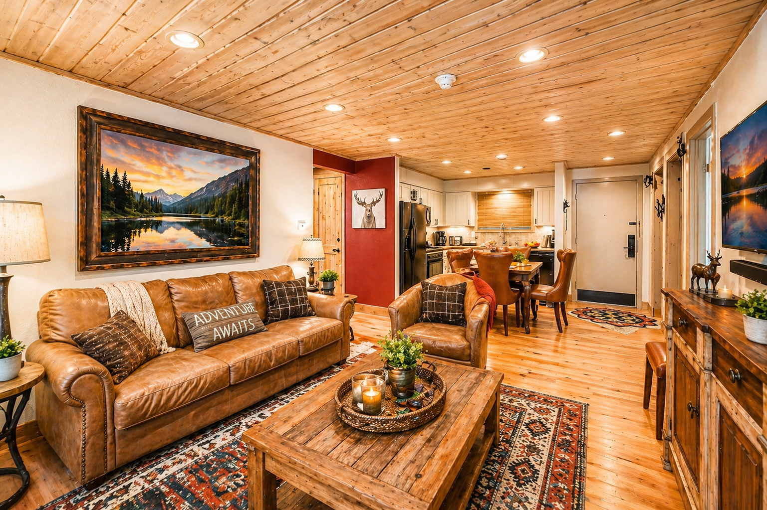 Relax in your cozy mountain retreat with rich leather seating, warm wood tones, and rustic charm. The open layout blends living, dining, and kitchen spaces—perfect for unwinding after your adventures.