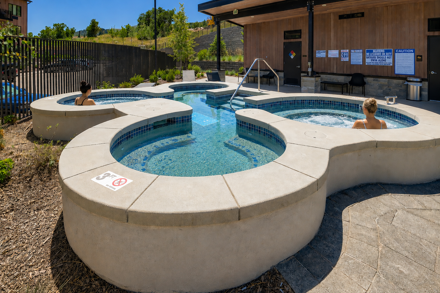 Outdoor communal hot tub and spa area with multiple soaking pools surrounded by landscaping and hillside views, offering a shared relaxation facility for guests.