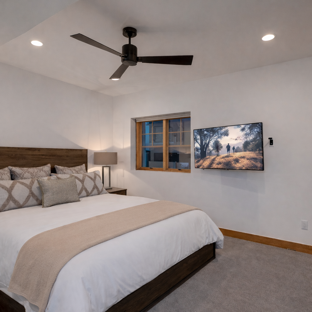 Rest peacefully in your modern king bedroom featuring plush bedding, ceiling fan for comfort, and wall-mounted TV for evening entertainment.