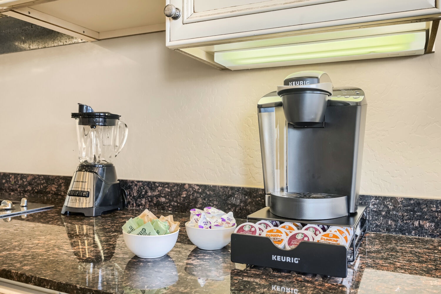 Start your mornings right with a fresh cup of coffee from your in-room Keurig, stocked with a variety of pods, plus a blender for smoothies. Everything you need for easy, convenient refreshments.