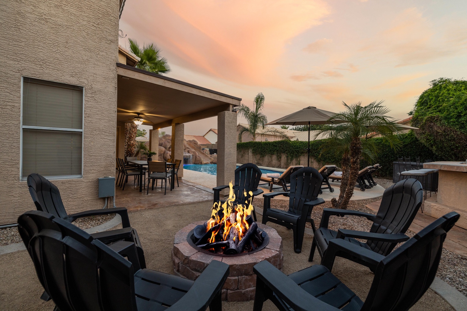 Serene atmosphere. Real Wood Firepit!